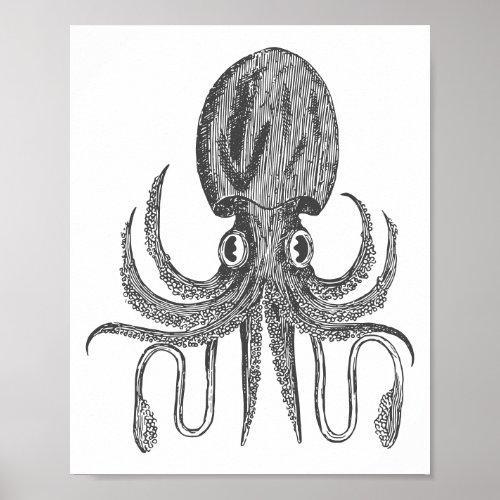 Vintage Octopus Drawing in Black and White  Poster