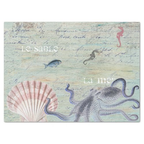 Vintage Octopus French Script Ocean Collage Tissue Tissue Paper