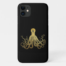 Vintage Octopus Gold Black Ink Coastal Nautical iPhone 11 Case