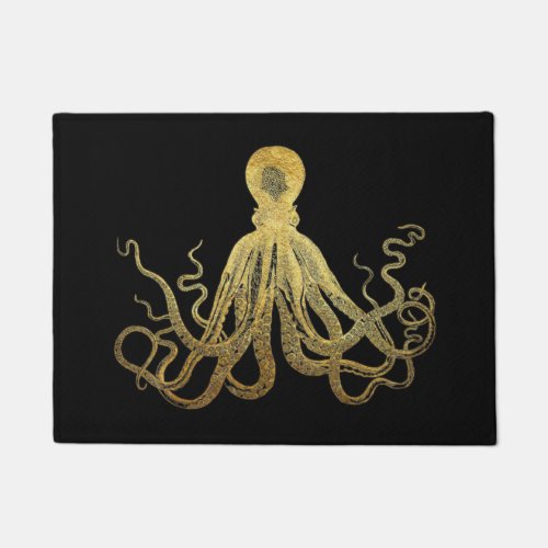 Vintage Octopus Gold Black Ink Coastal Nautical Doormat