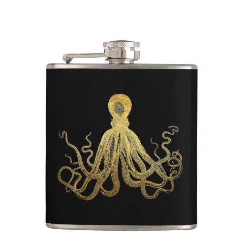 Vintage Octopus Gold Black Ink Coastal Nautical Flask