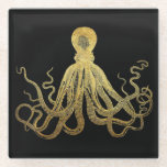 Vintage Octopus Gold Black Ink Coastal Nautical Glass Coaster<br><div class="desc">Retro vintage octopus illustration in metallic antiqued gold faux foil on black. Personalize with your own custom inspirational quote,  motivational message,  saying,  lyrics,  monogram,  or names! You can also transfer our ocean octopus art to many other products and accessories to create a unique customized coastal look.</div>