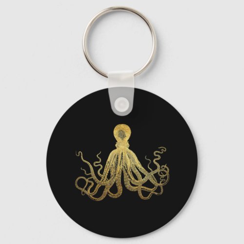 Vintage Octopus Gold Black Ink Coastal Nautical Keychain