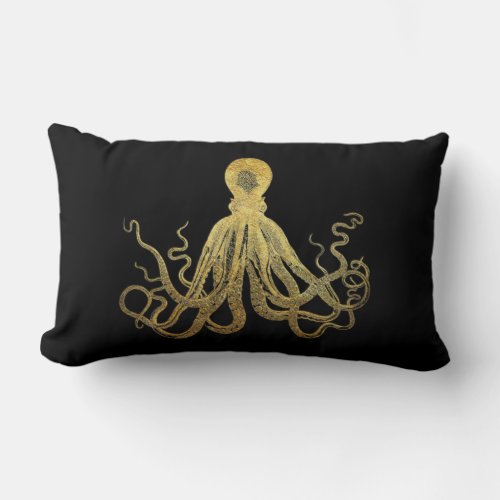 Vintage Octopus Gold Black Ink Coastal Nautical Lumbar Pillow