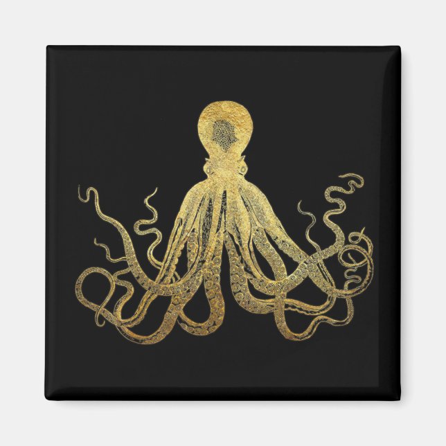 Vintage Octopus Gold Black Ink Coastal Nautical Magnet (Front)