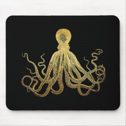 Vintage Octopus Gold Black Ink Coastal Nautical Mouse Pad