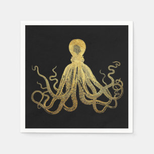 Vintage Octopus Gold Black Ink Coastal Nautical Napkins