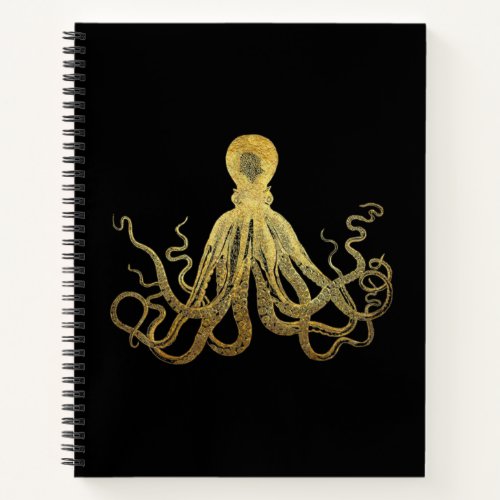 Vintage Octopus Gold Black Ink Coastal Nautical Notebook
