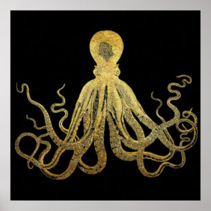 Vintage Octopus Gold Black Ink Coastal Nautical Poster