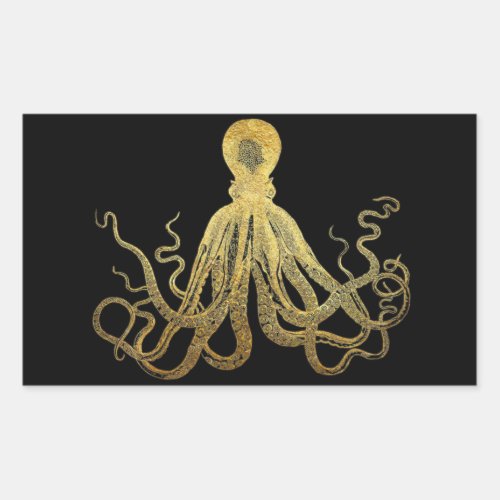Vintage Octopus Gold Black Ink Coastal Nautical Rectangular Sticker