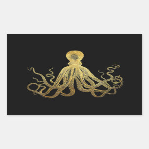 Vintage Octopus Gold Black Ink Coastal Nautical Rectangular Sticker