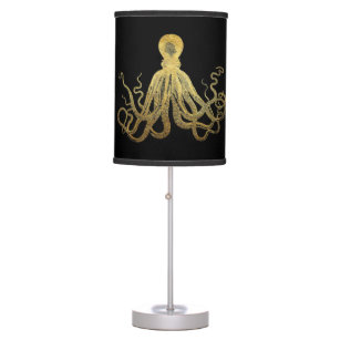 Vintage Octopus Gold Black Ink Coastal Nautical Table Lamp