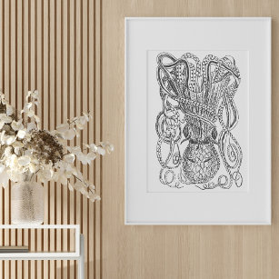 Vintage Octopus Illustration in Black and White   Poster