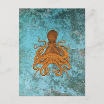 Vintage Octopus Illustration On Turquoise Postcard by AnyTownArt at Zazzle
