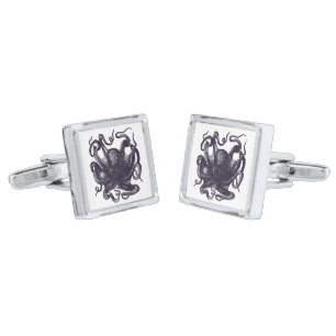 Vintage Octopus Illustration Silver Cufflinks