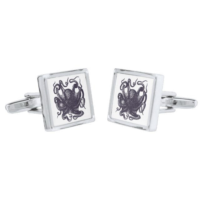 Vintage Octopus Illustration Silver Cufflinks (Angled)