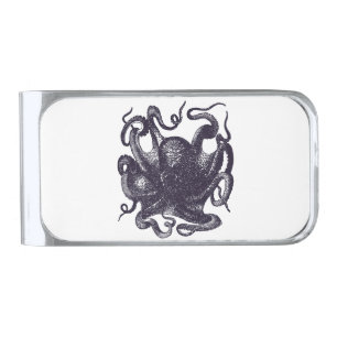 Vintage Octopus Illustration Silver Finish Money Clip