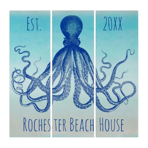 Vintage Octopus Lord Bodner Blue Nautical  Custom Triptych