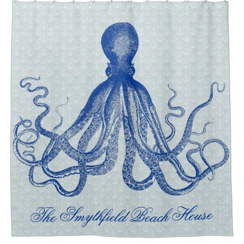 Vintage Octopus Nautical Beach House Anchors Blue Shower Curtain