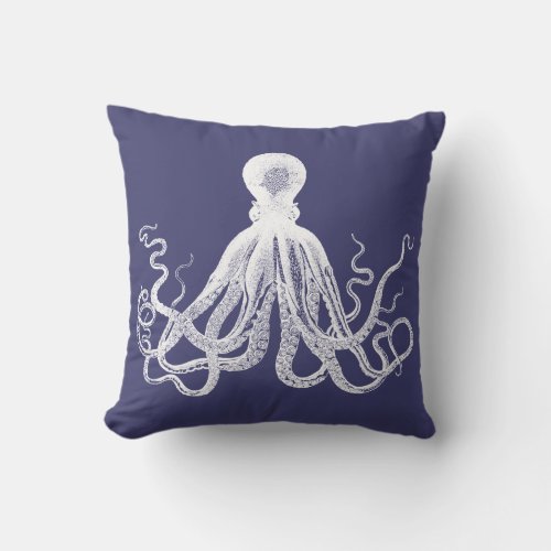 Vintage Octopus Navy Blue and White Coastal Throw Pillow