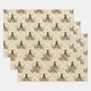 Vintage Octopus on Cream Wrapping Paper Sheets