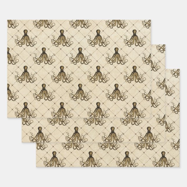 Vintage Octopus on Cream Wrapping Paper Sheets (Set)