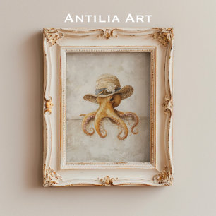 Vintage Octopus Painting Rustic Whimsical Mollusc Poster