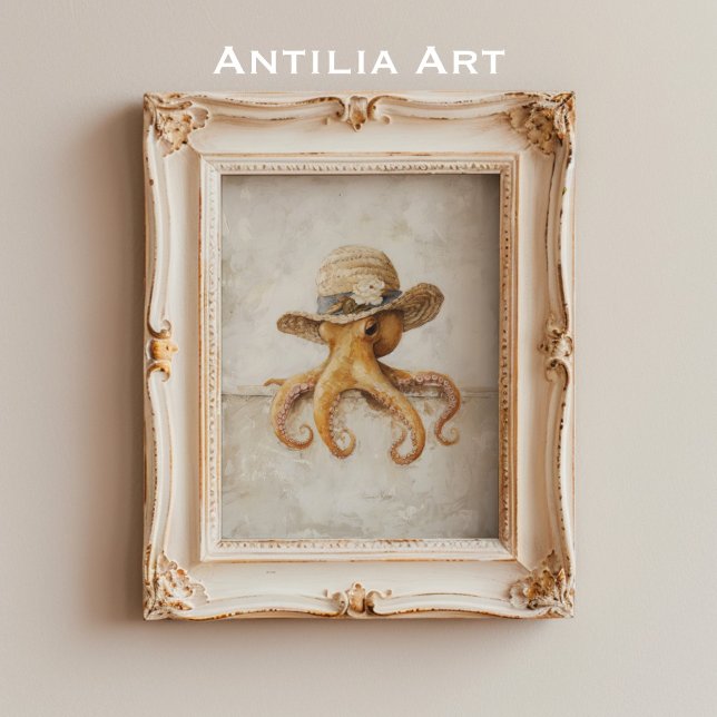 Vintage Octopus Painting Rustic Whimsical Mollusc Poster (Creator Uploaded)