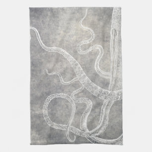 Vintage Octopus Silver Pewter Gray Watercolor Kitchen Towel