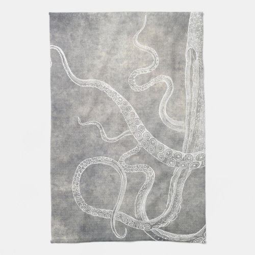 Vintage Octopus Silver Pewter Gray Watercolor Kitchen Towel