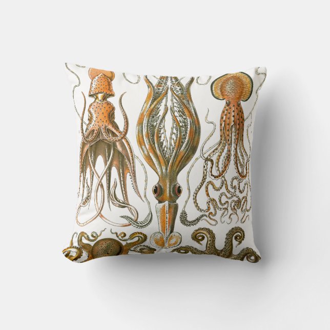 Vintage Octopus, Squid Illustration Throw Pillow (Front)