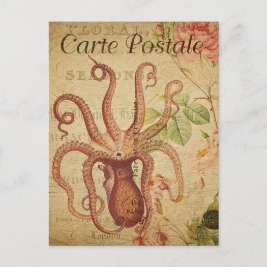 Vintage Octopus Squid Pink Roses French 