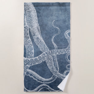 Vintage Octopus Twilight Blue Denim Watercolor Beach Towel