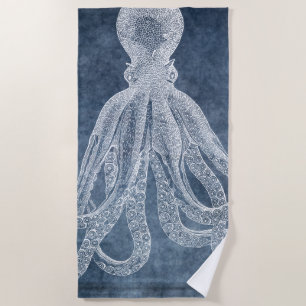 Vintage Octopus Twilight Blue Denim Watercolor Beach Towel