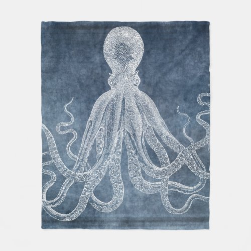 Vintage Octopus Twilight Blue Denim Watercolor Fleece Blanket
