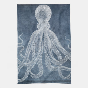 Vintage Octopus Twilight Blue Denim Watercolor Kitchen Towel