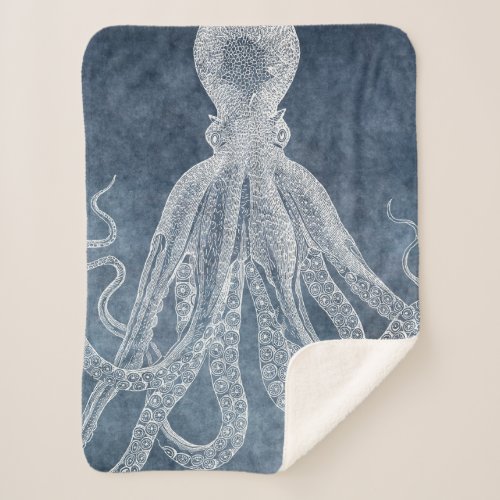 Vintage Octopus Twilight Blue Denim Watercolor Sherpa Blanket