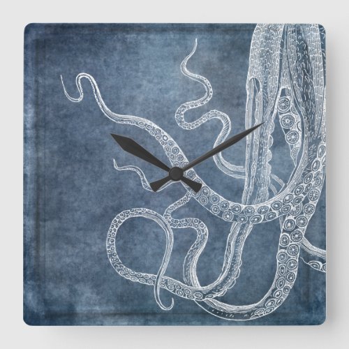Vintage Octopus Twilight Blue Denim Watercolor Square Wall Clock