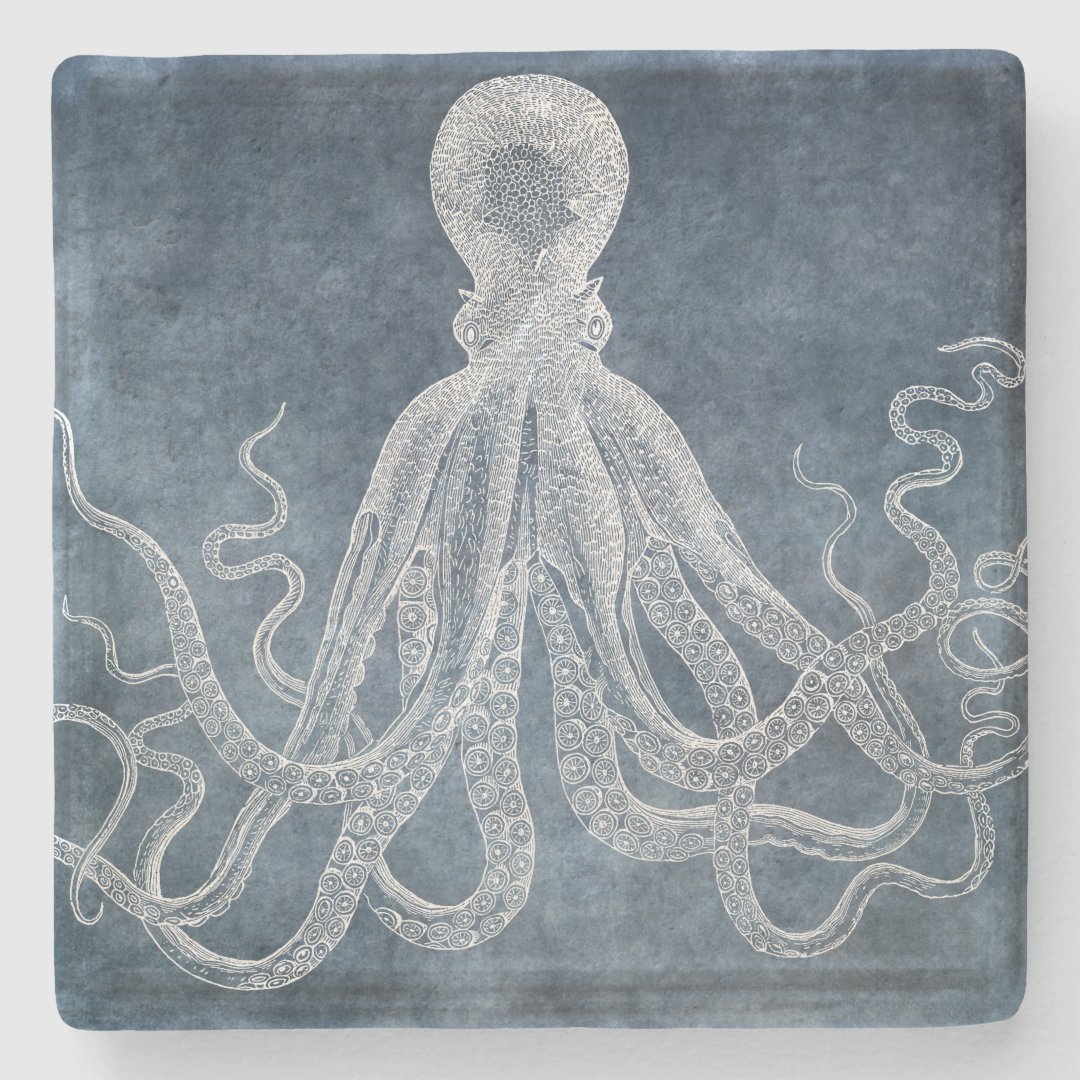 Vintage Octopus Twilight Blue Denim Watercolor Stone Coaster
