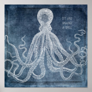 Vintage Octopus Twilight Blue Watercolor Quote Poster
