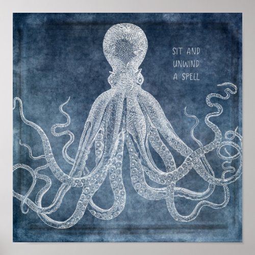 Vintage Octopus Twilight Blue Watercolor Quote Poster