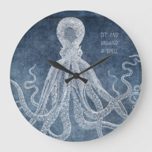 Vintage Octopus Twilight Blue Watercolor Quote Squ Large Clock