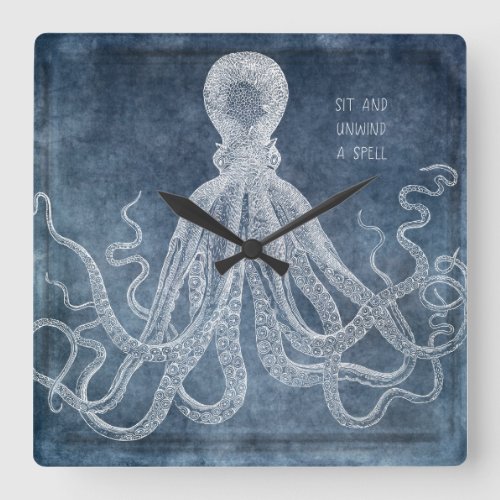 Vintage Octopus Twilight Blue Watercolor Quote Square Wall Clock
