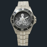 Vintage Octopus White on Black Watch<br><div class="desc">This watch features a vintage illustration of an octopus in white on a black background.</div>