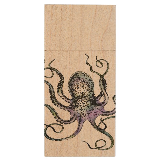 Vintage Octopus Wood Flash Drive (Back (Vertical))