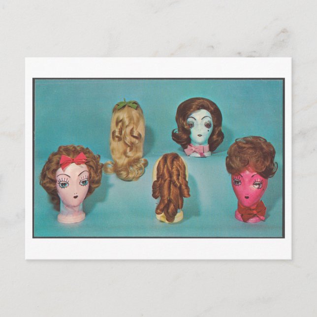 Vintage Oddity Mannequin Heads with Wigs Postcard (Front)