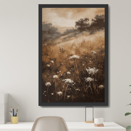 Vintage oil painting neutral brown hues wildflower framed art