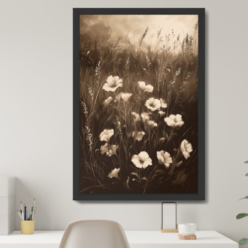 Vintage oil painting neutral brown hues wildflower framed art