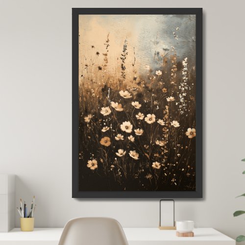 Vintage oil painting neutral earthy wildflowers framed art