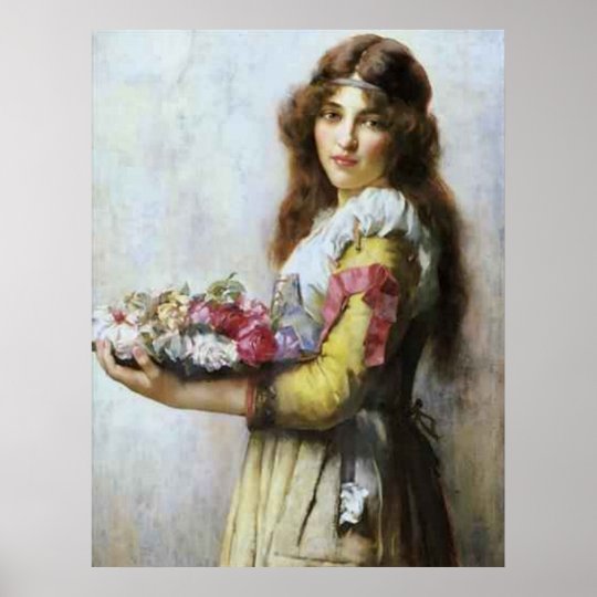 Vintage Oil Painting Of Young Lady With Flowers Poster Zazzle Com